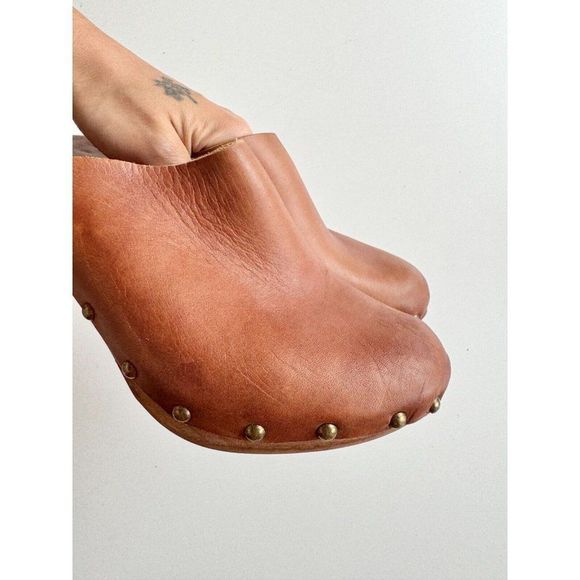 BOSABO Brown Leather Studded Wood Platform Heeled Clogs, Size 37 - Picture 5 of 15